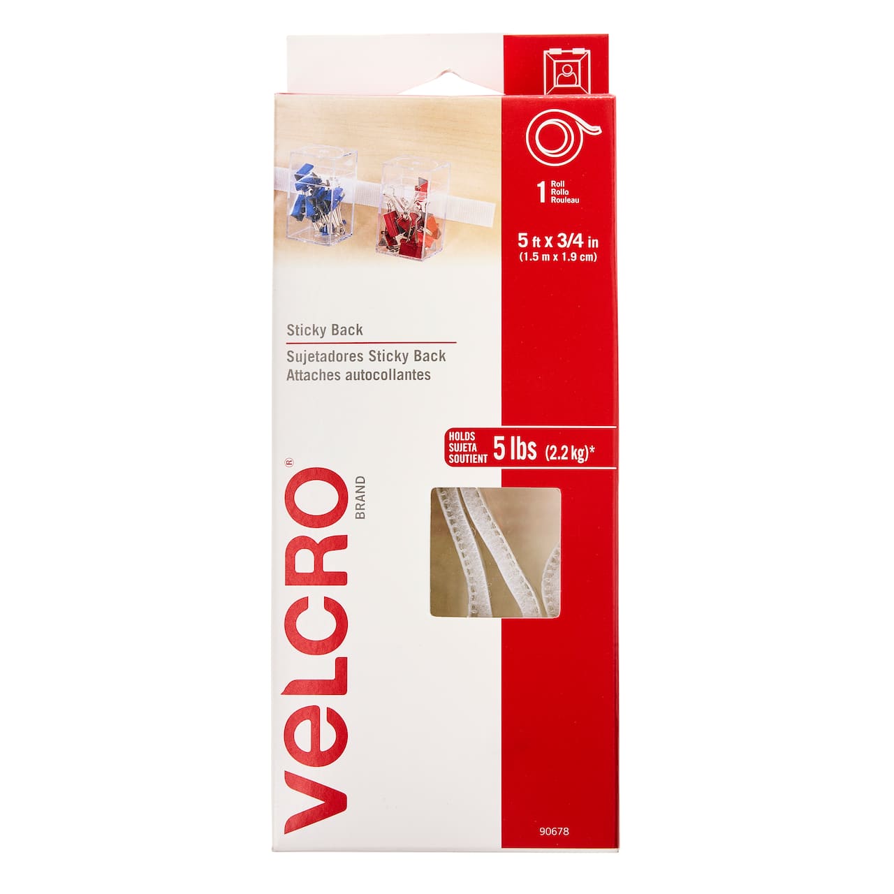Velcro Sticky Back Tape, 5' x 3/4 size, Dispenser Box, White